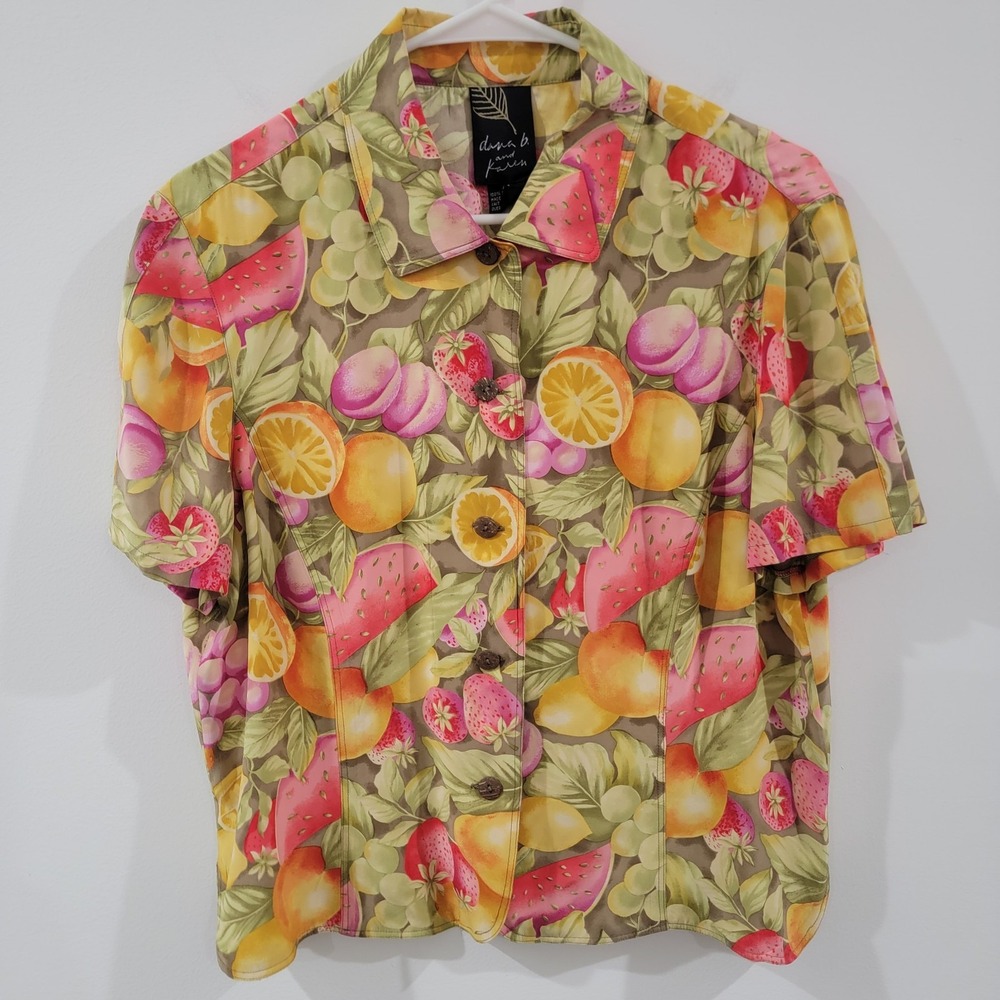 Dana B And Karen Womens Silk Button Up Top Size 14 Fruit Print Colorful Citrus
